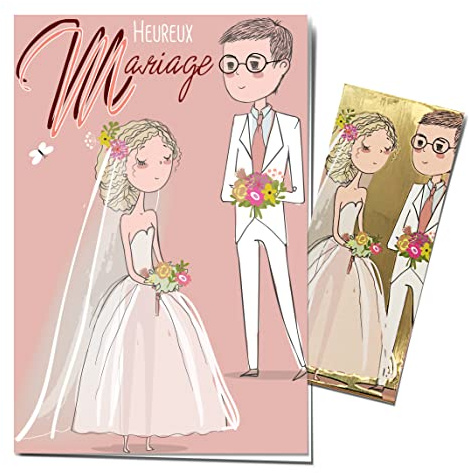 63-1157 Carte Heureux Mariage - Marque-page - Or Doré Brillant - Illustration Couple Mariés Fleurs BOHO Bohème Chic Rose Tendre - Enveloppe Incluse - Fabriquée en France