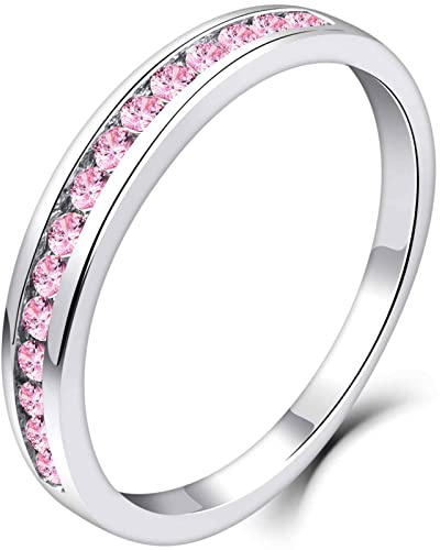 YL Bague d'éternité pour femme en argent 925 coupe octobre pierre de naissance bague de fiançailles anniversaire zircon cubique rose (taille 62)