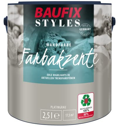 BAUFIX Farbakzente platingrau, seidenmatt, 2.5 Liter, Bunte Wandfarbe, für Wände und Decken innen, lichtecht, strapazierfähig, hohe Deckkraft