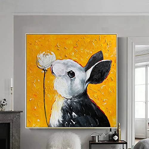 Handgemalte Ölgemälde Auf Leinwand Großes Modernes Tier Natur Niedliches Design Sense Art Blumen Und Gut Aussehendes Kaninchen Poster Leinwand Gemälde Wandkunst Für Kinderzimmer Kinderzimmer Deko