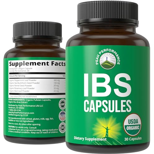 USDA Organic IBS Capsules for Relief, Ingestion, Bloating, Gas - Irritable Bowel Supplement with 5 Handpicked Organic Ingredients - Peppermint Oil, Sea Buckthorn, Fennel Seed, Rosemary Leaf, Basil