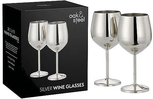 Oak & Steel - 2 Copas de Vino de Acero Inoxidable Plateado, 520 ml - Copas de Vino para Ocasiones Especiales con Caja de Regalo