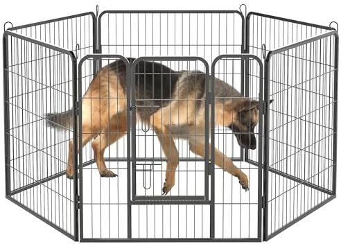 Thanaddo Hundezaun, 6-teilig Metall Welpenlaufstall mit einem Tür, Transportabel Freigehege 80 x 80 cm, Schwarz