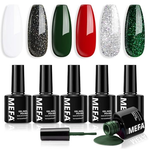 MEFA Gel Nail Polish Set - 6 Colors, Red, Green, White Glitter, Soak Off UV Gel for Salon & Home DIY
