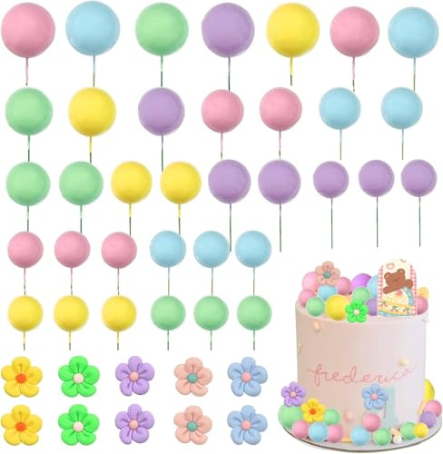 Morofme 46Pcs Daisy Flower Cake Topper Mini Balls Cake Decorations Blue Pink Green Pearl Ball Cupcake Toppers Ball Picks DIY for Birthday Baby Shower Wedding Party
