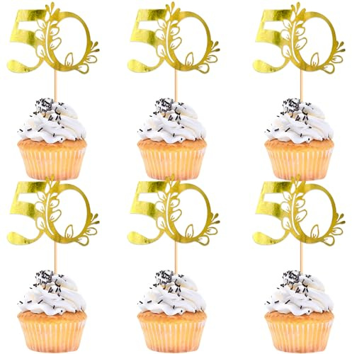 Blumomon 24Pcs 50th Happy Birthday Cupcake Toppers Happy 50 Cupcake Topper Cheers to 50 Cake Decoration 50th Birthday Party Decoration 50th Anniversary Cake Decoration（Gold）