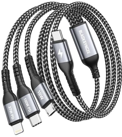 BLACKSYNCZE 100W Câble Chargeur Multi Embout [2M] Cable USB C vers Cable Multi Chargeur avec Micro USB Type C Lightning Câble pour iPhone 16/15/14/13, Samsung Galaxy S24/S23, Pad Pro, Macbook Air