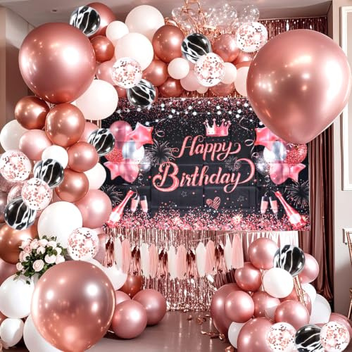 YinQin Rosé Gold Geburtstagsballons Luftballons Deko für Mädchen Frauen | 80 Stück Mit Fotohintergründen Hintergründen, Happy Birthday Schild Banner Tuch, 18‘’ Ballon, Konfetti Ballon