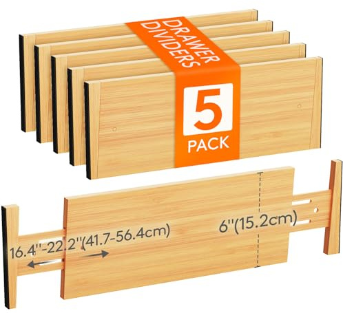 Lifewit 5 set lådavskiljare naturlig bambu, justerbar lådavskiljare för innerlängd 41,7–56,4 cm och höjd >15,2 cm, organisationssystem för kök, garderob, skrivbord