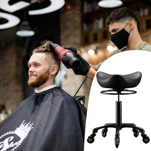 Generisch Sattelhocker für Friseure, anhebbarer und drehbarer schwarzer Salon-Schneidehocker mit Rädern, robuster Sattelstuhl mit Rollen für Friseure/Kliniken, 58741