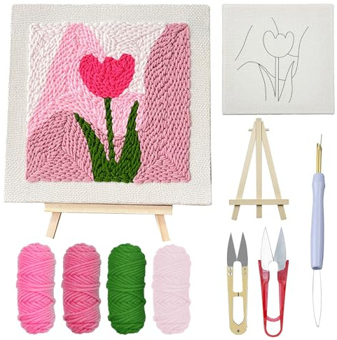 Woohome Rahmen Punch Needle Embroidery Starter Kit, Stanznadel Stickerei Starter Kit für Anfänger mit Blumenmuster, Stickrahmen, Garne, Stanznadel (Rosa und Tulpen)