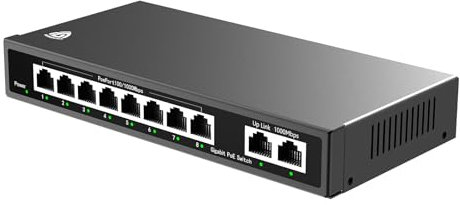 Akinguar Switch PoE Gigabit 10-Ports, 8 PoE+ Ports(10/100/1000 Mbps) + 2 Ports Uplink 1000M, Switch Ethernet, 96W, Manageable, Silencieux, Plug-and-Play, pour IP Surveillance & Access Point