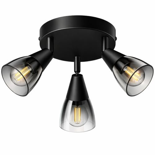 LED Deckenstrahler Schwarz, Deckenleuchte E14 3 Flammig Schwenkbar 350° Deckenspot, Vintage Art Rauchglas Lampenschirm,Moderne Deckenlampe Spot für Flur/Küche/Schlafzimmer/Wohnzimmer,Ohne Leuchtmittel
