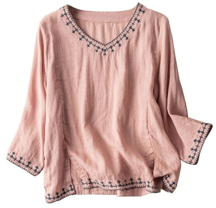 HAOLEI Women's Italian Linen Tunic Tops UK Plus Size Elegant V Neck 3/4 Sleeve Ethnic Boho Embroidery T-Shirt Casual Loose Cotton Lagenlook Shirts Oversized Going Out Blouses Sale Clearance Pink