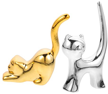 CTIRCHIU Katzenförmiger Ringhalter Leichter Schmuckorganizer aus Keramik 2 Stück Modernes Design mit Vernünftiger Struktur in Gold und Silber für Stilvolle Aufbewahrung