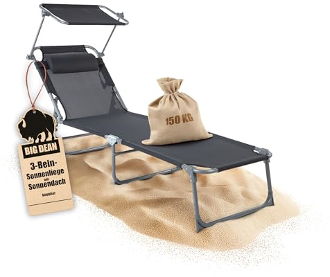 BigDean Sonnenliege klappbar 150 kg Dach & Kopfkissen 4-Fach Verstellbar | Schwarz - Hochwertige Gartenliege für Balkon, Garten & Strand -Klappliege Strandliege Liege - Verstellbarer Rückenlehne