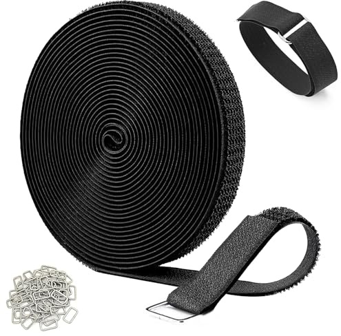 10M Klettband mit 50 Schnalle, 2cm Klett Kabelbinder, Klettbänder, Zuschneidbar und Wiederverwendbar für Kabelmanagement,Gartenarbeit,Werkstätten,Schwarz