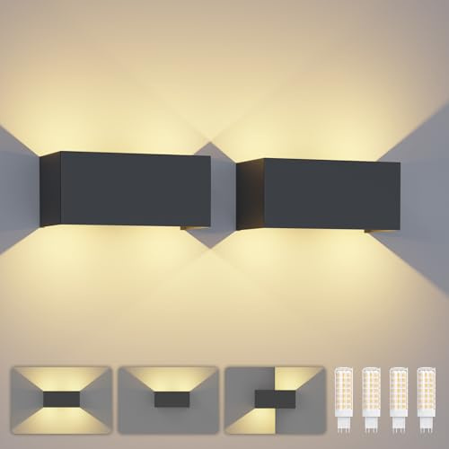 2 Stücke Wandleuchten 7W Innen/Außen Schwarz Wandlampe mit Austauschbarer G9 LED Birne Warmweiß 3000K Einstellbar Abstrahlwinkel Aussenbeleuchtung IP65 Wasserdichte für Wohnzimmer Schlafzimmer Garten