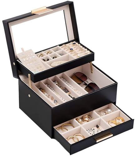 Lolalet Scatola per Gioielli, Organizer con Finestra Trasparente e Cassettino per Orecchini, Bracciali, Collane E Anelli, Conservazione Gioielli per Donne -Nero, 3 Strati