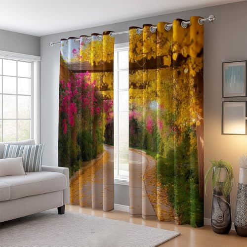 Vorhänge Blickdichte Vorhänge H 166 X B 75 cm (2Er Pack) Landschaft Blumengalerie Herbstlaub Verdunklungsvorhänge, Gardinen Mit Ösen, Thermovorhang Gelb Rosa Für Schlafzimmer Wohnzimmer