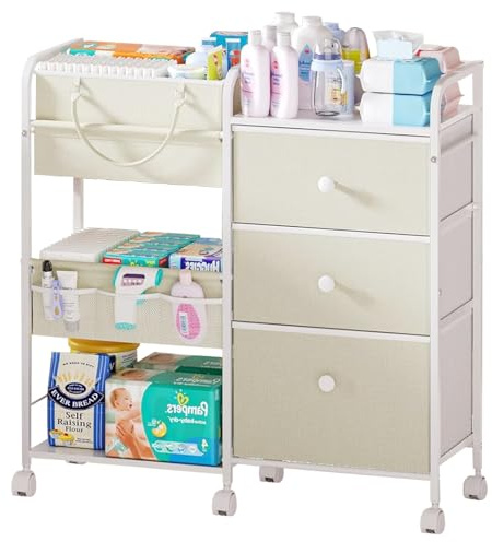 Uptyia Carrito Organizador para Bebé con 3 Cajones y Estantes | Con Ruedas, Cesta Portátil y Bolsa, Beige, 82 × 29 × 85 cm, Ideal para Dormitorio o Guardería