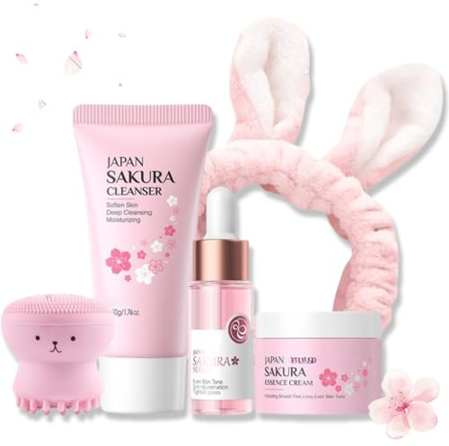 Sakura Skincare Set, Skincare Set Sakura Teen Girls Gifts, Skincare for Teens 10-12, Gift Set for Teenage Girls, hydrating routine with cleanser, serum, cream, headband, cleansing brush
