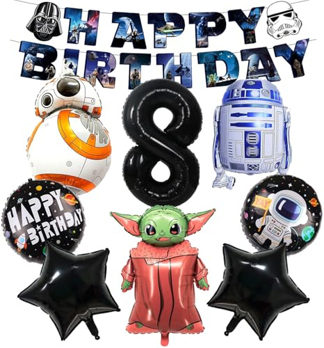 War Ballons Deko Set für Kinder, Luftballons Geburtstag Deko 8 Jahre Junge, Enthält Pentagramm, Roboter, Raumschiff, Zahlen, Charakter und Runder Aluminiumfolie Ballon, Banner
