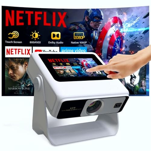 4K Support Native 1080P Touch Screen Projector with WiFi Bluetooth, Auto Focus Smart Portable Game Projector, Built-in Apps Mini Outdoor Movie Projector for Bedroom Home Theater