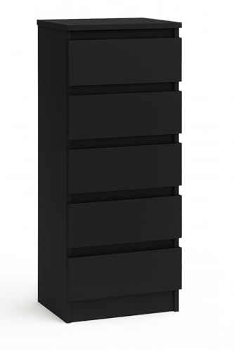 roe furniture Kommode 40 cm Schmal mit 5 Schubladen, Aufbewahrungsschrank, Schubladenschrank für Schlafzimmer, Wohnzimmer, Flur, Kinderzimmer – 40×121×33 cm (Schwarz)