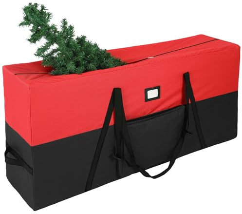 YAFF 9ft Christmas Tree Storage Bag, 600D Oxford Fabric Xmas Artificial Tree Storage Bags Wide Open and Dual Zippers Tree Storage Box Protects From Moisture and Dust, Tree Storage Bin, BlackRed