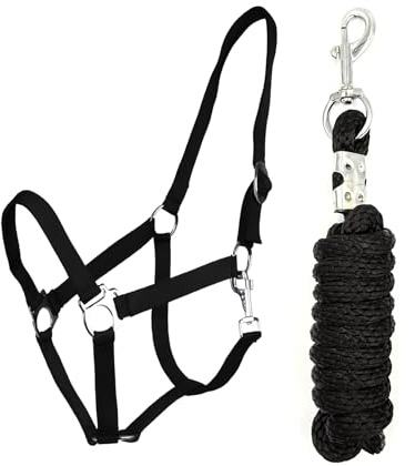 JA Horse JA4001 Essential Halfter Set Karabinerhaken, Schwarz, Mini Shetty | Verstellbares Pferdehalfter mit Führstrick & Karabinerhaken, Essential Anbindestrick für Pferd & Holzpferd