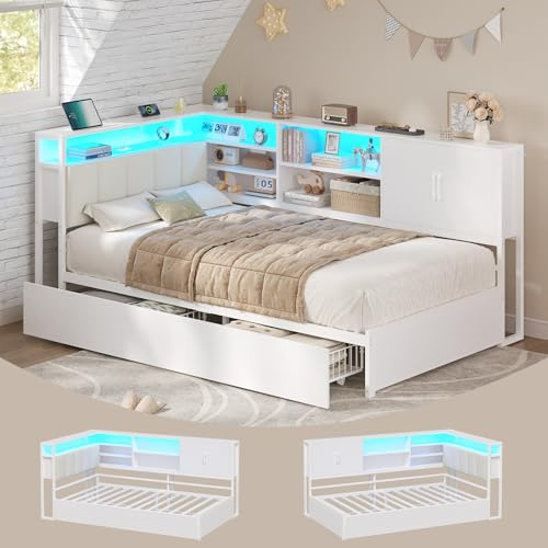 KIMENICH Canapé lit 90 x 200 avec 2 Tiroirs, Lit 90x200 avec Éclairage LED Réglable, Multiprise, 5 Niches Ouvertes, Compartiment Caché, Armoire avec Porte, Tête de Lit Capitonnée en Lin Blanc, Blanc
