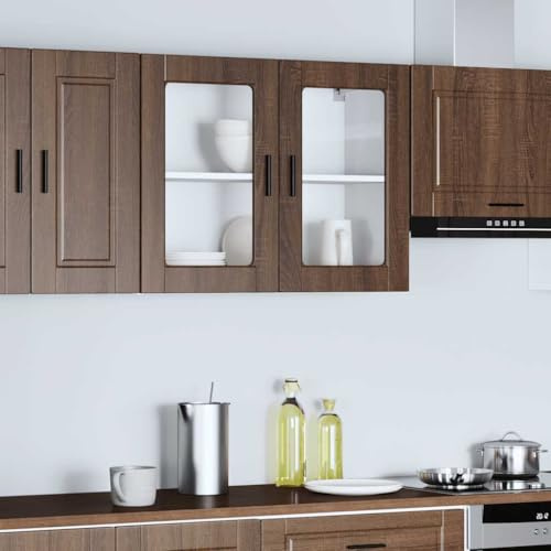 Ezbryzmatic Porto Kitchen Upper Cabinet Walnut Oak Look with Glass Door Chipboard 80 x 31 x 60 cm, 75 kg Load Capacity, Storage Room for Tableware, Display Cabinet for Kitchen and Dining Room