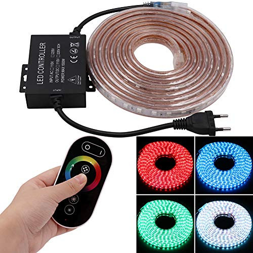 XUNATA RGB LED Streifen,220V 230V SMD 5050 Wasserdicht IP65 LED Lichtband RGB Licht Stripe mit Volle Berührung Fernbedienung für Decke Bar Counter Cabinet Beleuchtung Deko (120leds/m, 20m)