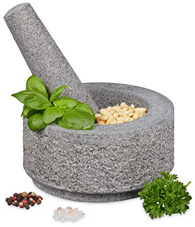 Relaxdays 10029958 Mörser mit Stößel, Granit, unpoliert, langlebig, massiv, für Gewürze und Kräuter, Steinmörser D: 14 cm, grau