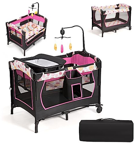 COSTWAY 4 en 1 Lit Parapluie Bébé avec Matelas, Berceau Bébé Evolutif en Oxford avec Table à Langer Amovible, 3 Hauteur Réglable, Jouets Suspendus, Charge 15kg, Lit Cododo pour 0-36 Mois(Rose