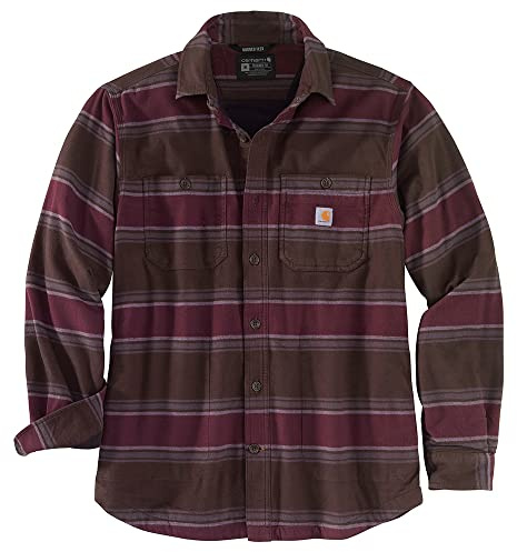Carhartt Herren Rugged Flex Relaxed Fit Midweight Flannel Fleece-Lined Work Utility Button Down Shirt, Dunkelbraun Gestreift, M EU