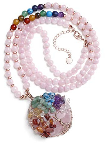 Jovivi Collana Ciondolo Albero della Vita Filo Avvolto con Gemme per Donna Ragazza Collana Pendente in Pietra Naturale a Catena con Perline 7 Chakra Yoga Gioielli Guarigione Reiki (Quarzo Rosa)
