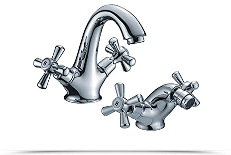 Set 2 rubinetti bagno con manopole lavabo e bidet, coppia di rubinetteria con manopola a croce, in ottone cromato, stile tradizionale Vittoriano completi di piletta e flessibili