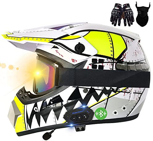 Motorrad Bluetooth Crosshelm Set, ECE Genehmigt, Motocross Helm, Sicher, Komfortabel Und Belüftet, Mit Handschuhe Maske Brille, Geeignet Für Motocross, MTB, Crossbike, BMX