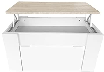 mattfy - Mesa de Centro para el Café/Té, Elevable, Mesita de Salón o Comedor, Color Blanco con Tapa Cambria, Medidas: 90 cm (Ancho) x 50 cm (Fondo) x 46/57 cm (Alto)