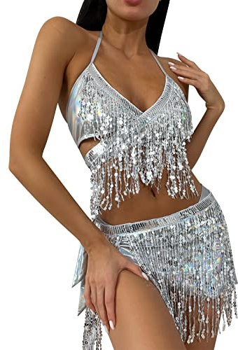 Rave Outfits für Damen Bikini Set Quasten Rock Metallic Badeanzug Holografische Pailletten BH Oberteil für Festival Disco Tanz Clubwear 90er Jahre Halloween Motto Party Kostüm Silber Kreuz BH Set L