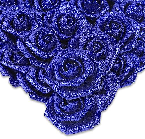 IPOPU Foam Roses,50pcs Royal Blue Glitter Roses Glitter Flowers Foam Flowers with Stem for DIY Wedding Bridal Bouquet Home Party Decoration(Royal Blue)