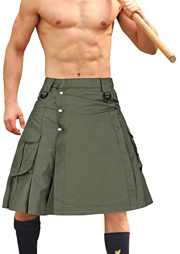 AKARMY Herren-Kilt für Herren, Camouflage, schottischer Outdoor-Utility, plissiert, taktischer Kilt, Irish Highland Hybrid Kilts, Militär, Grün, 34