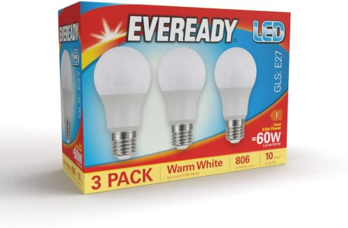EVEREADY E27 Screw Bulb - Warm White E27 LED Bulb for Ceiling Lights, Lamps & Edison Screw ES E27 Bulb Fittings - Long Lasting & Energy Saving LED Light Bulb 3000k 806 Lumen 60w Equivalent- Pack of 3