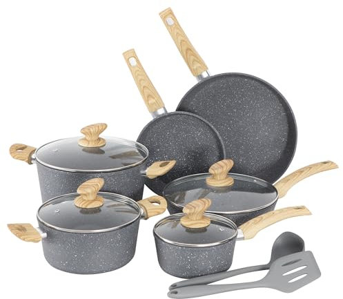 Kitchen Academy Topf und Pfannenset Topfset 12tlg Antihaft-Versiegelung Kochgeschirr Set mit Deckel, Töpfe und Pfannen set für Induktion, Gasherde und Mikrowelle, Grau
