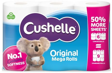 Cushelle Original 6 Roll, Mega Toilet Rolls, 50% More Sheets
