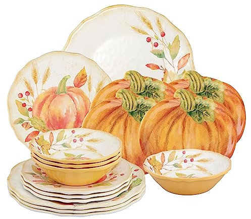 UP ware - Juego de vajilla de melamina de calabaza de 16 piezas, juego de platos para exteriores, juegos de platos y cuencos, decoraciones de otoño de Acción de Gracias, servicio para 4, naranja