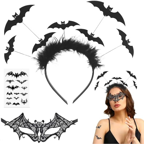 Halloween Kostümzubehör, Fledermaus Haarreif Spitzenmaske Temporäre Tattoo, Halloween Temporary Tattoo, Fledermaus Ohren Haarreif, Sexy Lace Maskerade Maske für Halloween Karneval Cosplay Party