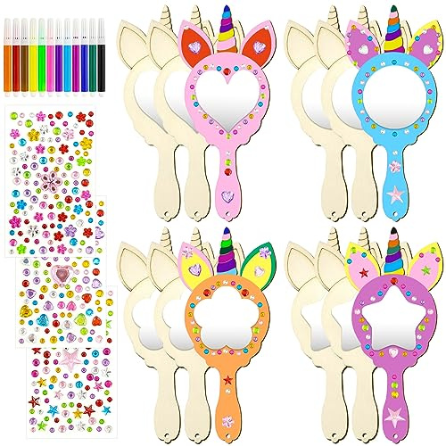 Leeelyan Einhorn Basteln,27Stück DIY Holzspiegel Handwerk,Mini Holz Spiegel | Holz Einhorn Spiege,Bastelset kindergeburtstag einhorns,Holzspiegel zum Bemalen für DIY Kinder Malen,KinderGeschenk Party